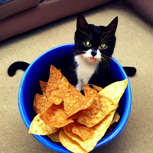 Prompt: opening a bag of chips to find a cute cat sitting in it