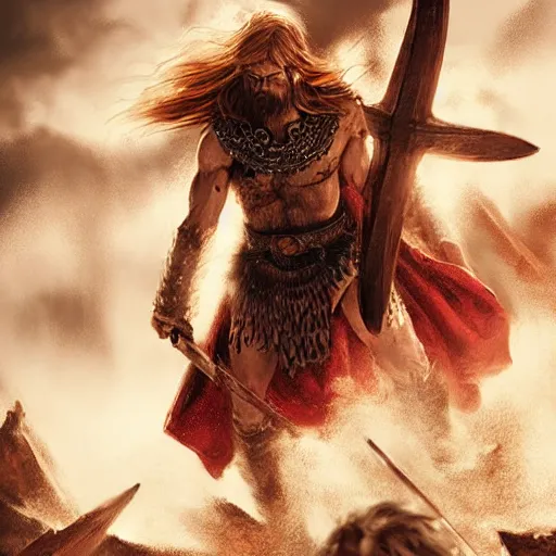 Image similar to viking, dramatic lighting, highly detailed, epic battle scene, red blood, wlop, artgerm