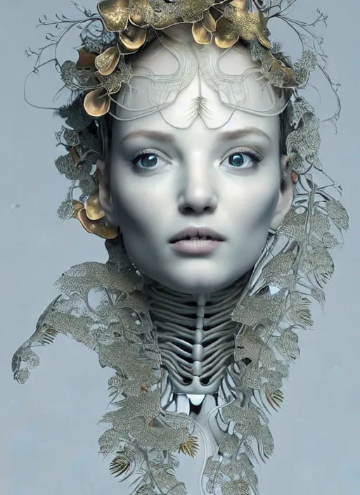 Prompt: complex 3d render ultra detailed of a beautiful porcelain profile woman face, mechanical cyborg, 150 mm, beautiful natural soft light, rim light, mechanical magnolia and ghost orchid big leaves and stems, roots, fine foliage lace, silver and gold details, ornate intricate, maze like, mesh wire hair, intricate details, hyperrealistic, ultra detailed, mandelbrot fractal, anatomical, red lips, white metal neocubism armor, facial muscles, cable wires, microchip, elegant, octane render, H.R. Giger style, 8k