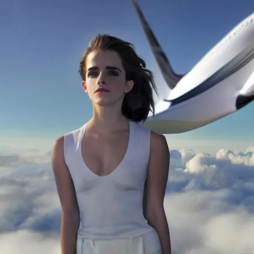 Prompt: Emma Watson flying in the clouds next to an airliner, full body shot