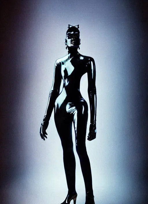 Image similar to a beautiful portrait of grace jones as a cyborg, by gilles berquet, serge lutens, hajime sorayama, wearing atsuko kudo latex outfit, photorealistic, intricate details, hyper realistic, photorealistic, photography, symmetrical features, symmetrical pose, wide angle shot, head to toe, standing pose, feet on the ground,