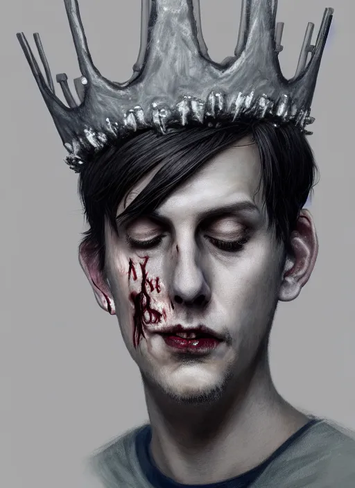 Image similar to portrait of zombie jughead jones wearing a light grey crown, photorealistic, zombie, crown, eyes closed, crown, black hair, intricate, elegant, glowing lights, highly detailed, digital painting, artstation, concept art, sharp focus, illustration, art by wlop, mars ravelo and greg rutkowski