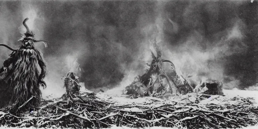 Image similar to 1 9 2 0 s photography of krampus hay monster burning on a pyre, submerged in snow