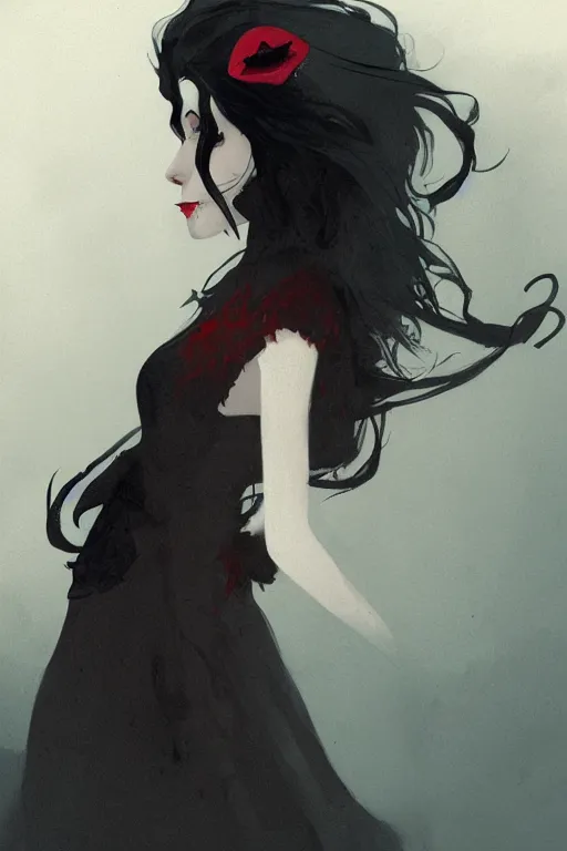 Prompt: 'face of a girl with red lips, gothic, by Abigail Larson, Anton Fadeev'