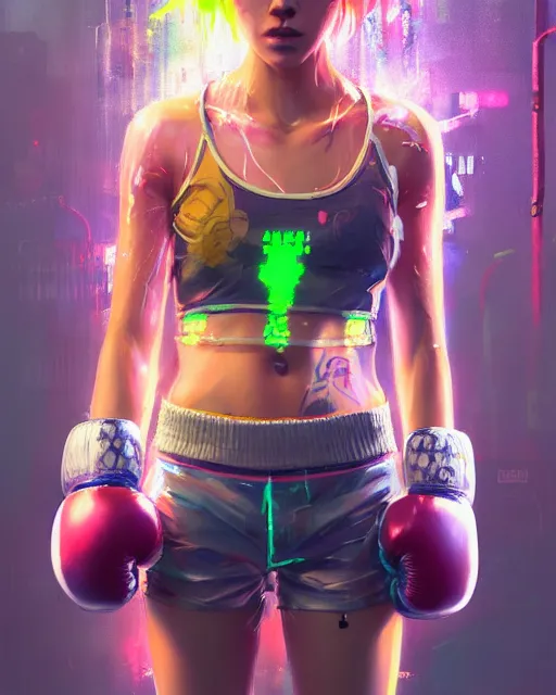 Image similar to detailed portrait Neon boxer Girl, cyberpunk futuristic neon, reflective crop top and shorts, boxing gloves, decorated with traditional Japanese ornaments by Ismail inceoglu dragan bibin hans thoma greg rutkowski Alexandros Pyromallis Nekro Rene Maritte Illustrated, Perfect face, fine details, realistic shaded, fine-face, pretty face