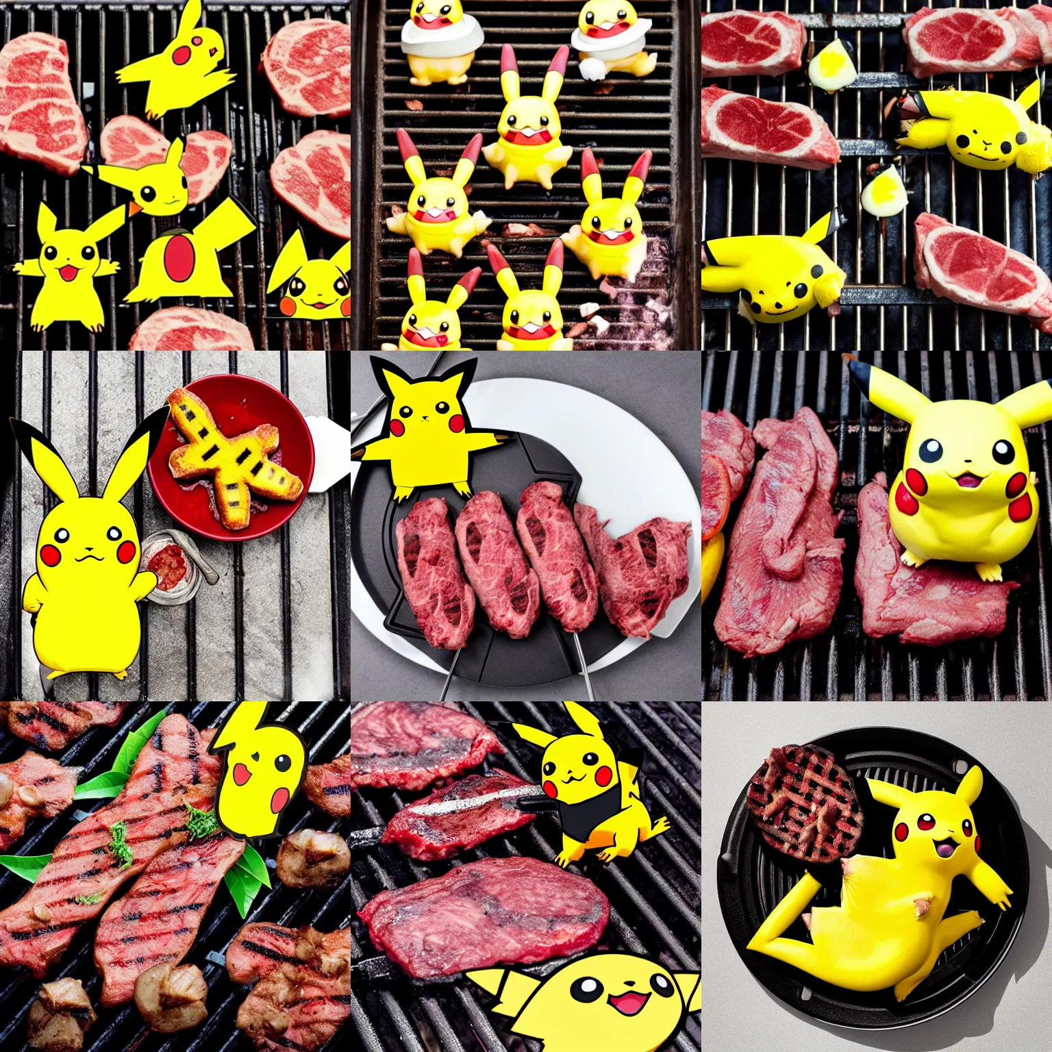 Prompt: pikachu meat on a grill, food photography