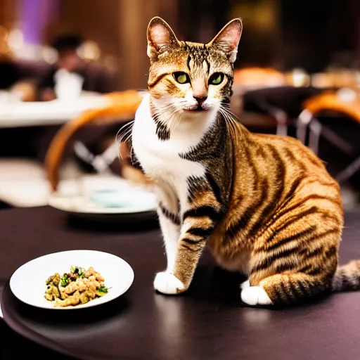 Prompt: A photo of a cat wearing a suit sitting in a fancy and expensive gourmet restaurant and eating a plate of cat food. f/2.8, dim lighting, award winning photo