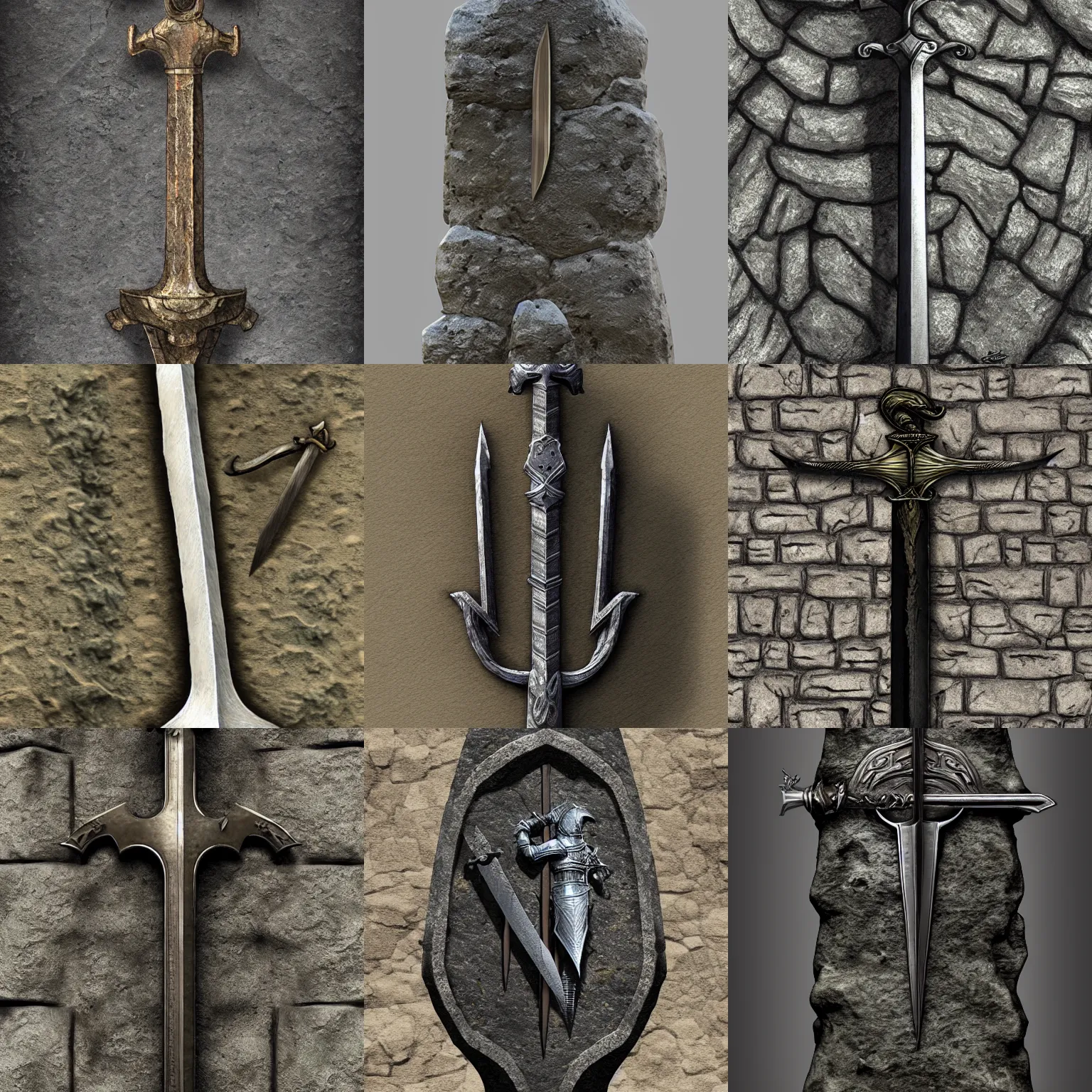 Prompt: medieval sword on stone, highly detailed, artstation, concept art, sharp focus, rutkoswki