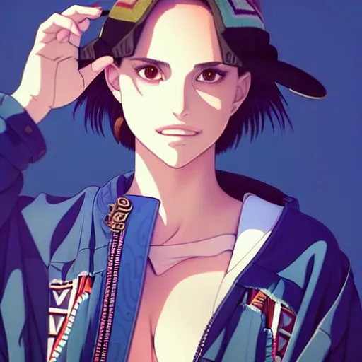 Image similar to a beautiful! boyish! natalie portman alluring gravure! model, wearing oversized aztec bomber jacket and leotard, poofy bomber jacket with mayan patterns, gapmoe yandere grimdark, trending on pixiv fanbox, painted by greg rutkowski makoto shinkai takashi takeuchi studio ghibli, akihiko yoshida