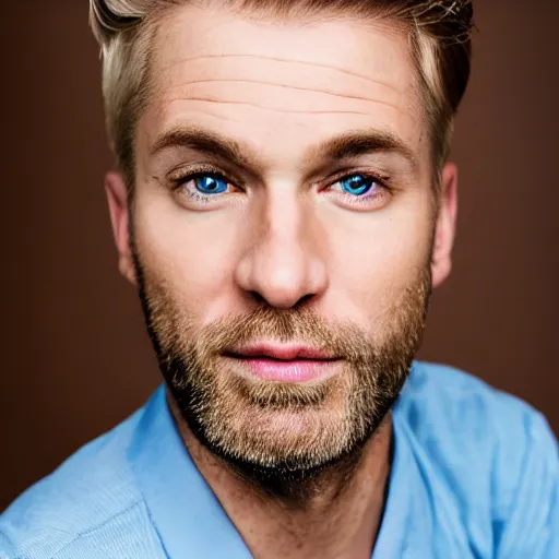 Image similar to close up of face of good looking 4 0 year old blond man with blond stubble, very short wavy blond hair in a short pompadour style, very pale skin, blue eyes, hairy shoulders, hairy chest, color portrait, 4 k