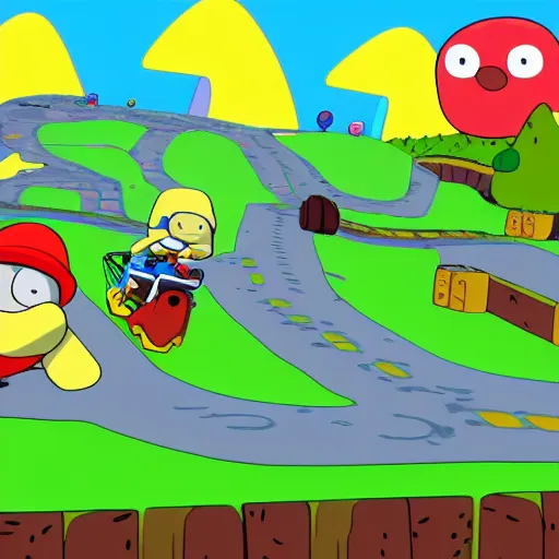 Image similar to adventure time Finn & Jake riding Mario karts level, cartoon video game graphics