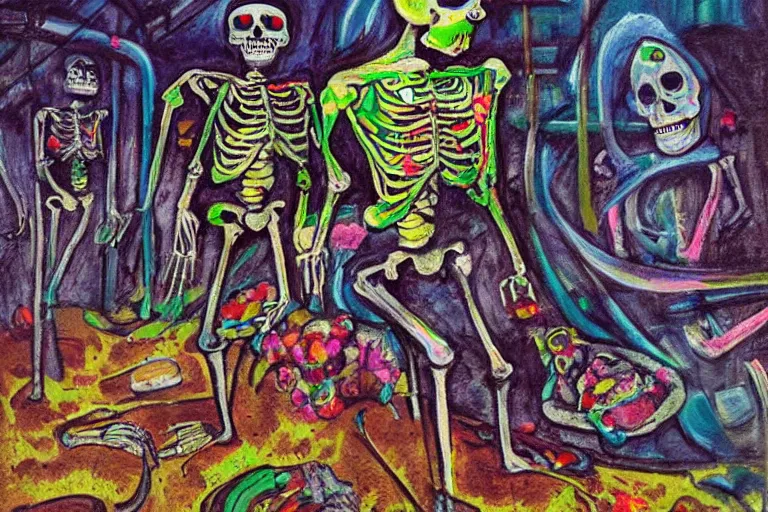 Image similar to scene from surfing, day of the dead, cyber skeleton, neon painting by otto dix