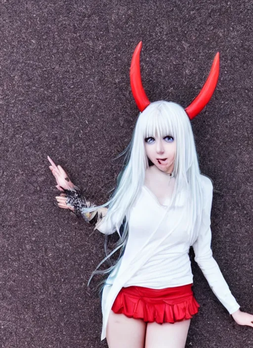 Image similar to white haired anime girl with horns, red eyes, cute