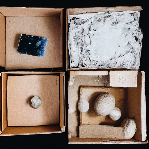 Prompt: a box containing seven objects, produced by a rogue ai, resembling a universe, a poem, frozen on the boundaries of human experience, evoking impossible distances, loss and yearning