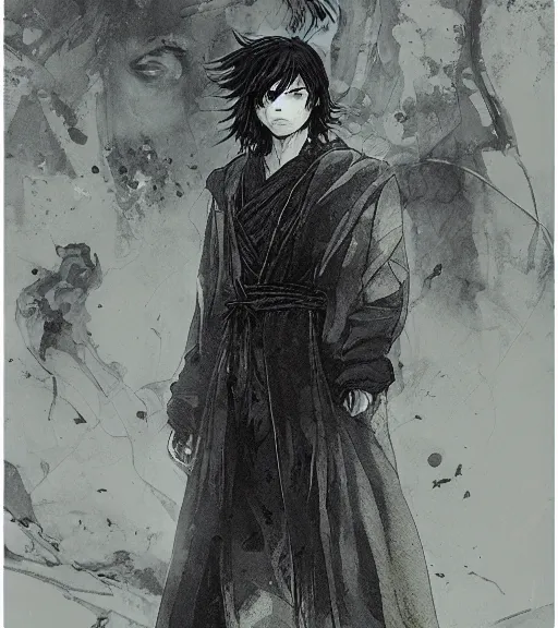 Image similar to portrait of anime boy with long hair wearing a dark robe, pen and ink, intricate line drawings, by craig mullins, ruan jia, kentaro miura, greg rutkowski, loundraw