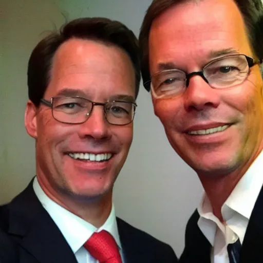 Prompt: a selfie of Mark Rutte shoulder to shoulder with Klaus Schwab