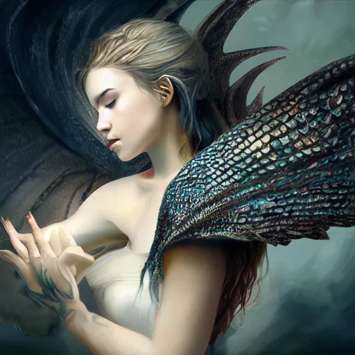 Image similar to a beaufitul painting of a young woman with dragon wings and with dragon scales on her skin, concept art, atmospheric, photo realistic, magical atmosphere