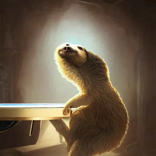 Prompt: a sloth playing ping pong with a cute hat sharp focus, intricate, elegant, digital painting, artstation, matte, highly detailed, concept art, illustration, volumetric lighting, fantasy, art by artgerm, alphonse mucha, and greg rutkowski