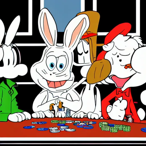 Image similar to a highly detailed vector picture of bugs bunny and captain cruch and snoopy and bender playing poker, octane render, 4 k resolution, trending on artstation, masterpiece