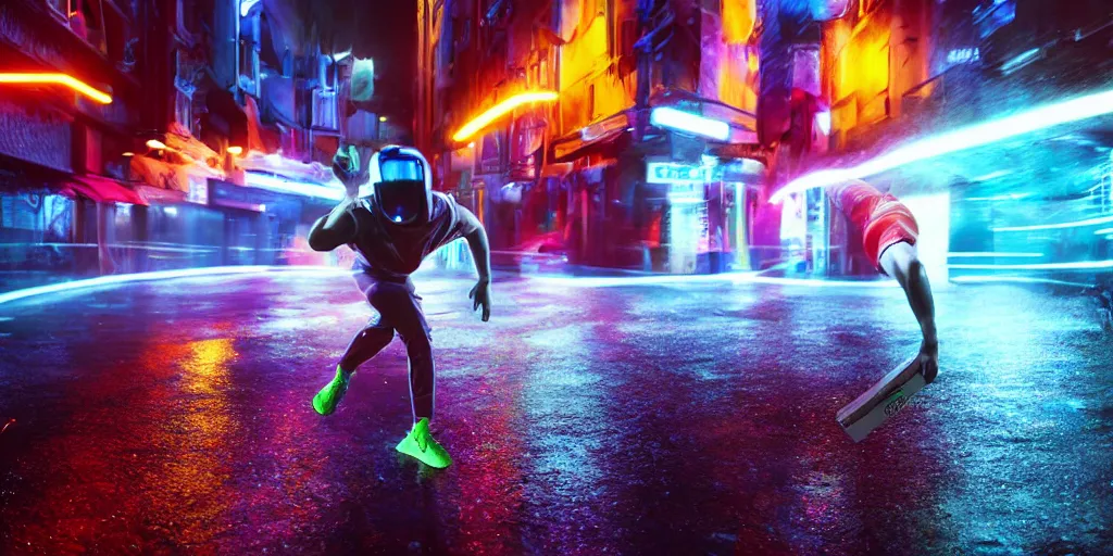 Image similar to cinematic camera wide angle of slow motion film still of futuristic break dancer wearing neon lights, long exposure shot , at night in the middle of a rainy street, paddle of water, water splashes, rim lights, glossy reflections, water droplets on lens, octane render, detailed and soft, by laurie greasley