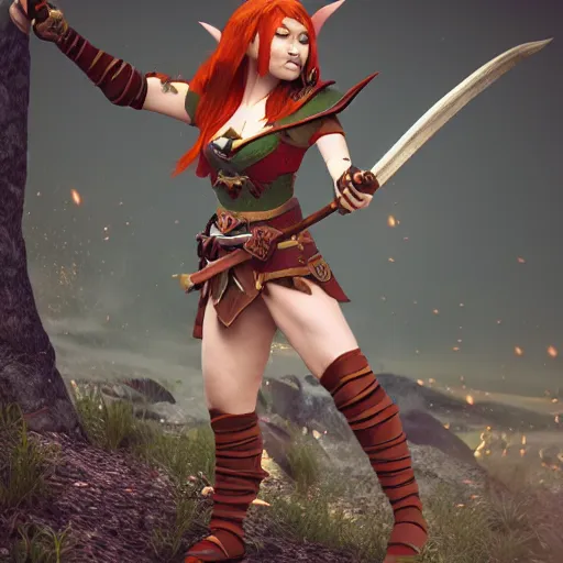 Image similar to beautiful redhead elf, warrior outfit, clash royal style characters, unreal engine 5, octane render, detailed, cinematografic, cinema 4 d