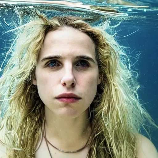 Prompt: beautiful extreme closeup portrait photo in style of frontiers in human near death molecular science magazine underwater brit marling edition, highly detailed, focus on face, soft lighting,