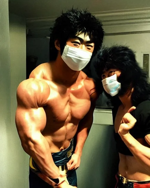 Image similar to Photograph of handsome muscular Japanese actor dressed as Kenshiro from fist of the North Star and as his evil brother Jagi who is wearing a face mask and body armor, photorealistic, photographed in the style of Annie Leibovitz