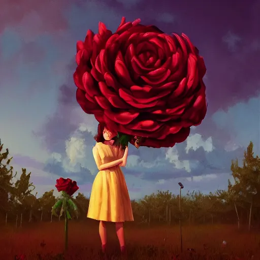 Image similar to portrait, giant rose flower head, girl in a suit, surreal photography, sunrise, blue sky, dramatic light, impressionist painting, digital painting, artstation, simon stalenhag