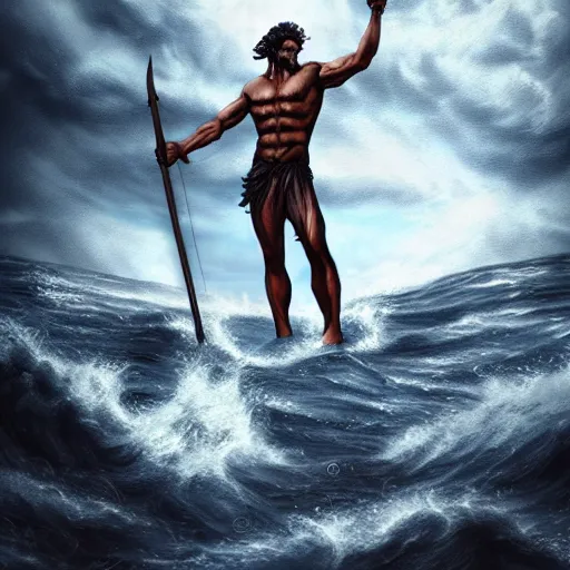Prompt: Poseidon, the god of the sea, matte painting, photorealistic, dark colors