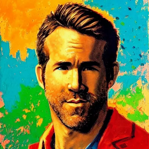 Prompt: ryan reynolds by leroy neiman, intricate, ultra detailed painting, atmospheric lighting, golden hour