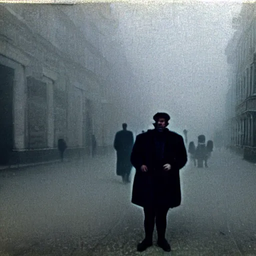 Prompt: portrait of 2 blurry shadowed men standing on berlin street in mist and fog, damaged autochrome