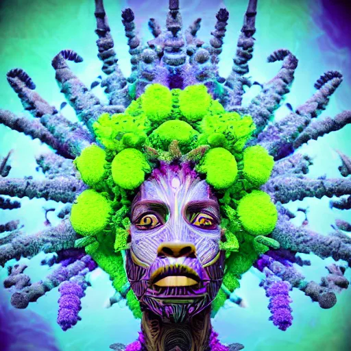 Image similar to an african marijuanna! shaman with an afro made of flowers, third eye art art by machina infinitum, complexity from simplicity, rendered in octane, mandelbulb 3 d, ambient occlusion, radiant lighting, macro photography, felt!!! texture, tribal, pastel! retrowave