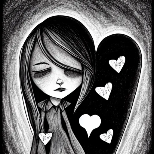 Image similar to teaching, many hearts, friendship, love, sadness, dark ambiance, concept by godfrey blow, featured on deviantart, drawing, sots art, lyco art, artwork, photoillustration, poster art