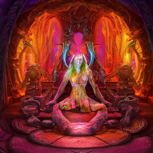 Image similar to Photorealistic magic elven shrine of the demon goddess. Hyperdetailed photorealism, 108 megapixels, amazing depth, glowing rich colors, powerful imagery, psychedelic Overtones, 3D finalrender, 3d shading, cinematic lighting, artstation concept art