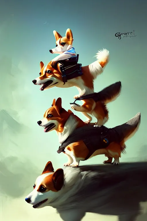 Image similar to tiny girl riding on the back of a giant corgi by greg rutkowski