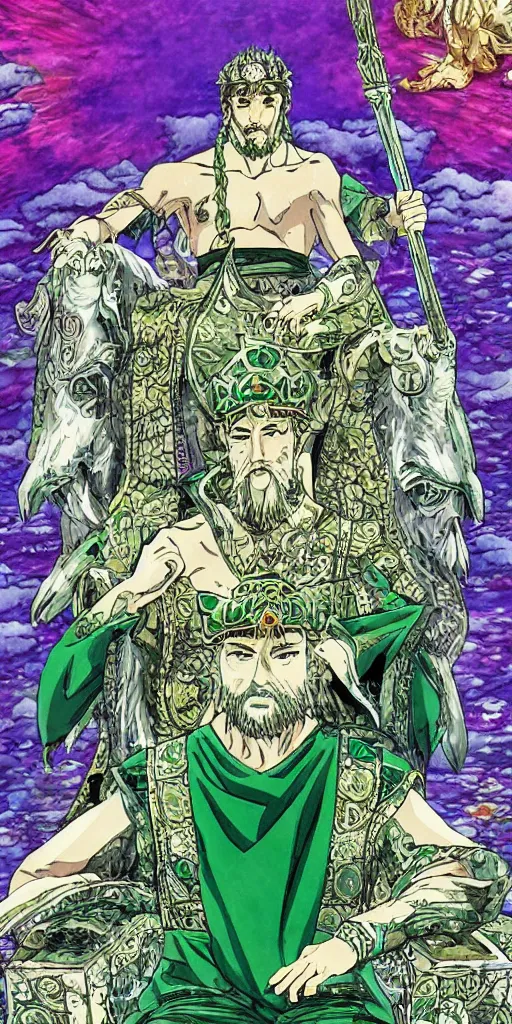 Image similar to a lone emperor sitting on a emerald throne floating on water in the middle of a lake drawn by Makoto Yukimura in the style of Vinland saga anime, full color, detailed, psychedelic, Authority, structure, a father figure, tarot card, The emperor tarot card
