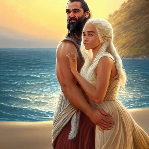 Image similar to beautiful serene intricate portrait of daenerys targaryen and khal drogo taking a selfie, smiling softly, relaxing on the beach, golden hour, soft focus, 8 k, art by irakli nadar, hyperrealism, hyperdetailed, ultra realistic