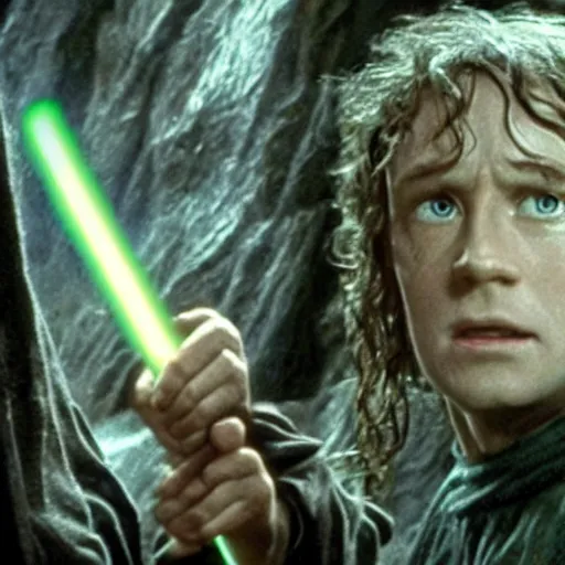 Image similar to A scene from Lord of the Rings, all characters have lightsabers, weta workshop, high quality, movie scene