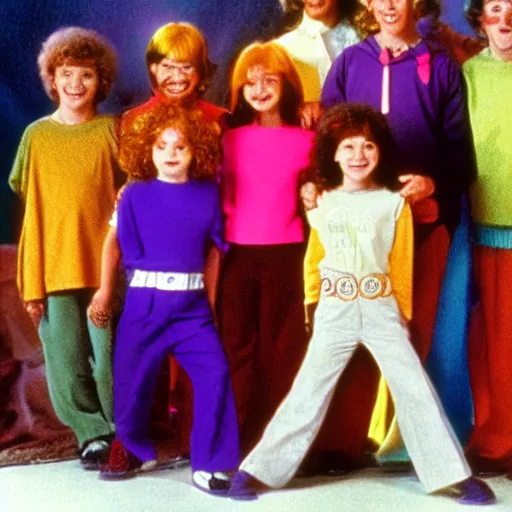 Image similar to still from 1983 children's tv show about humans in a colorful cult