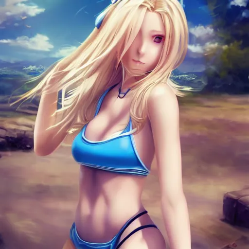 Image similar to a very beautiful young anime girl with 2 0 meters long blond hair, full body, long wavy 2 0 meters long blond hair, sky blue eyes, full round face,, bikini, miniskirt, front shot, playing a virtual reality game highly detailed, cinematic wallpaper by stanley artgerm lau