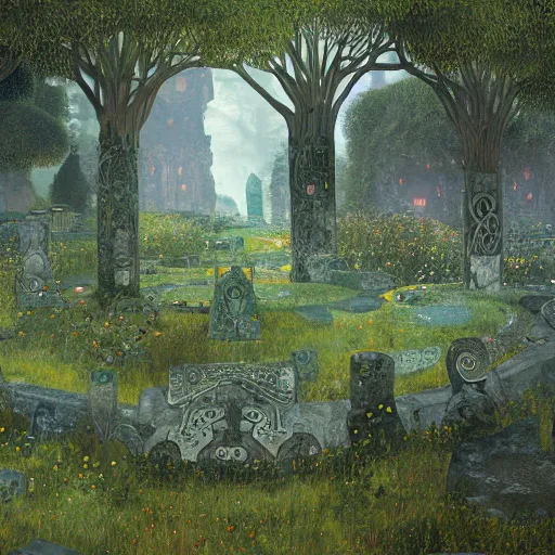 Image similar to ancient overgrown! ruins, medieval gates, runestones, mysetrious etherial mesmerizing runic!! cat eyes, magical elven geometry, concept art by gustav klimt!, deviantart contest winner, environmental art, high detail