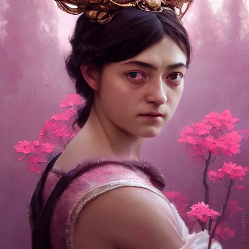 Image similar to expressive oil painting, of arya stark, smooth glowing skin, ornate headpiece made from pink flowers, glamour shot, by yoshitaka amano, by bouguereau, bygreg rutkowski, by jeremyg lipkinng, by artgerm, digital art, octane render