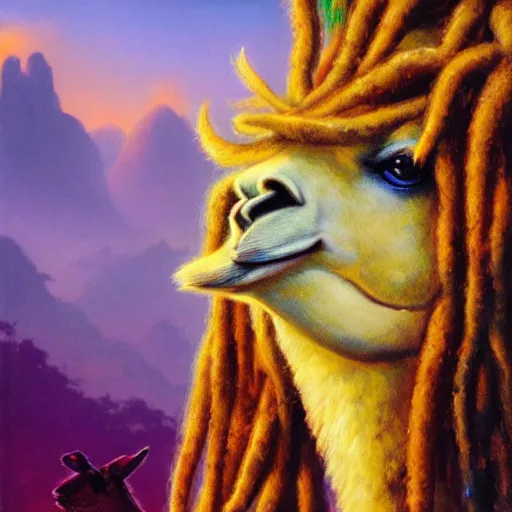 Prompt: llama with dreadlocks, smooth light, jungle in background, by Paul Lehr, detailed, macro