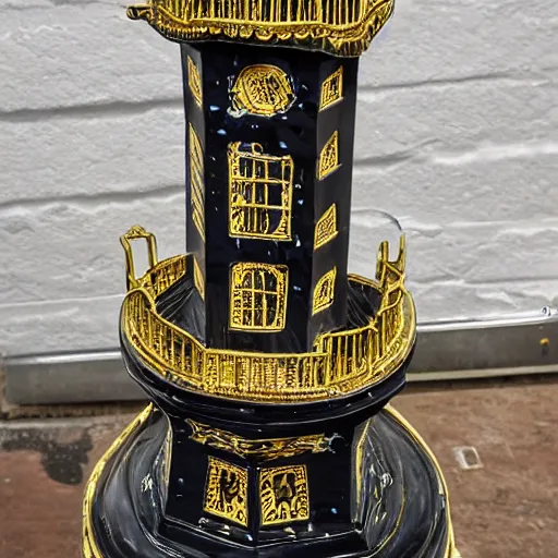 Image similar to an ornate lighthouse table statue, detailed with white and gold filagree and goldleaf decorative elements, sitting on a desk, painstaking detail, black lacquer, glossy shiny reflective, splashed with graffiti art