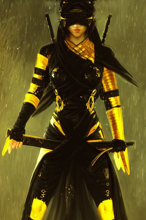 Prompt: portrait Ninja gaiden girl, armored black and yellow ninja wardrobe, in ruin japanese temple rainny night, ssci-fi and fantasy, intricate and very very beautiful and elegant, highly detailed, digital painting, artstation, concept art, smooth and sharp focus, illustration, art by tian zi and WLOP and alphonse mucha