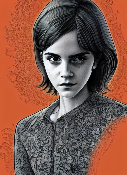 Image similar to full length photo of Emma Watson in the style of Junji Ito, full body, not realistic, sharp focus, 8k high definition, insanely detailed, intricate, elegant, art by stanley lau and artgerm