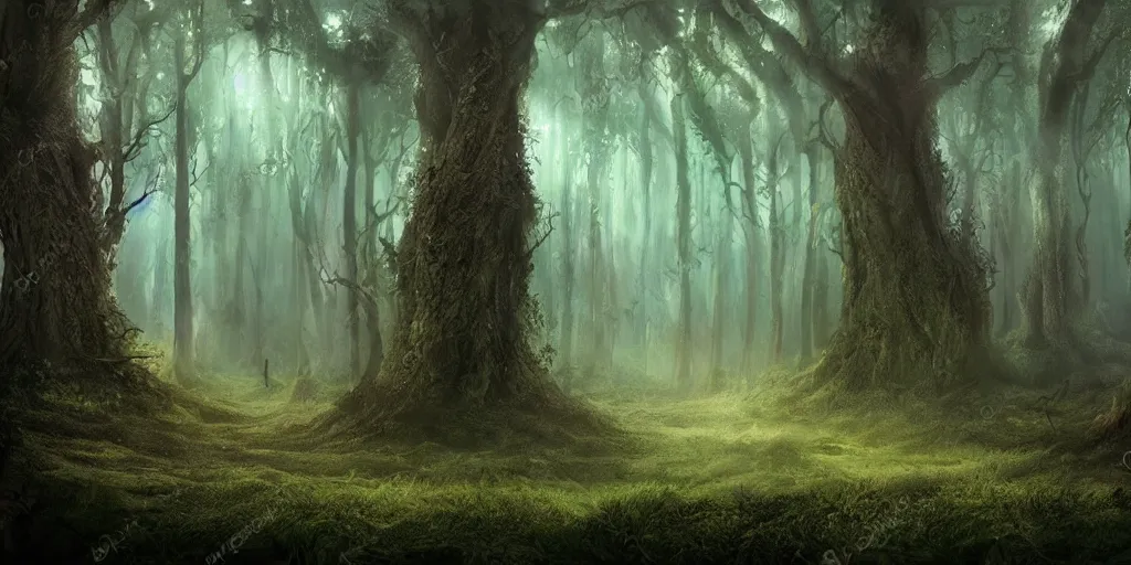 Prompt: beautiful matte painting of a fantasy dark forest