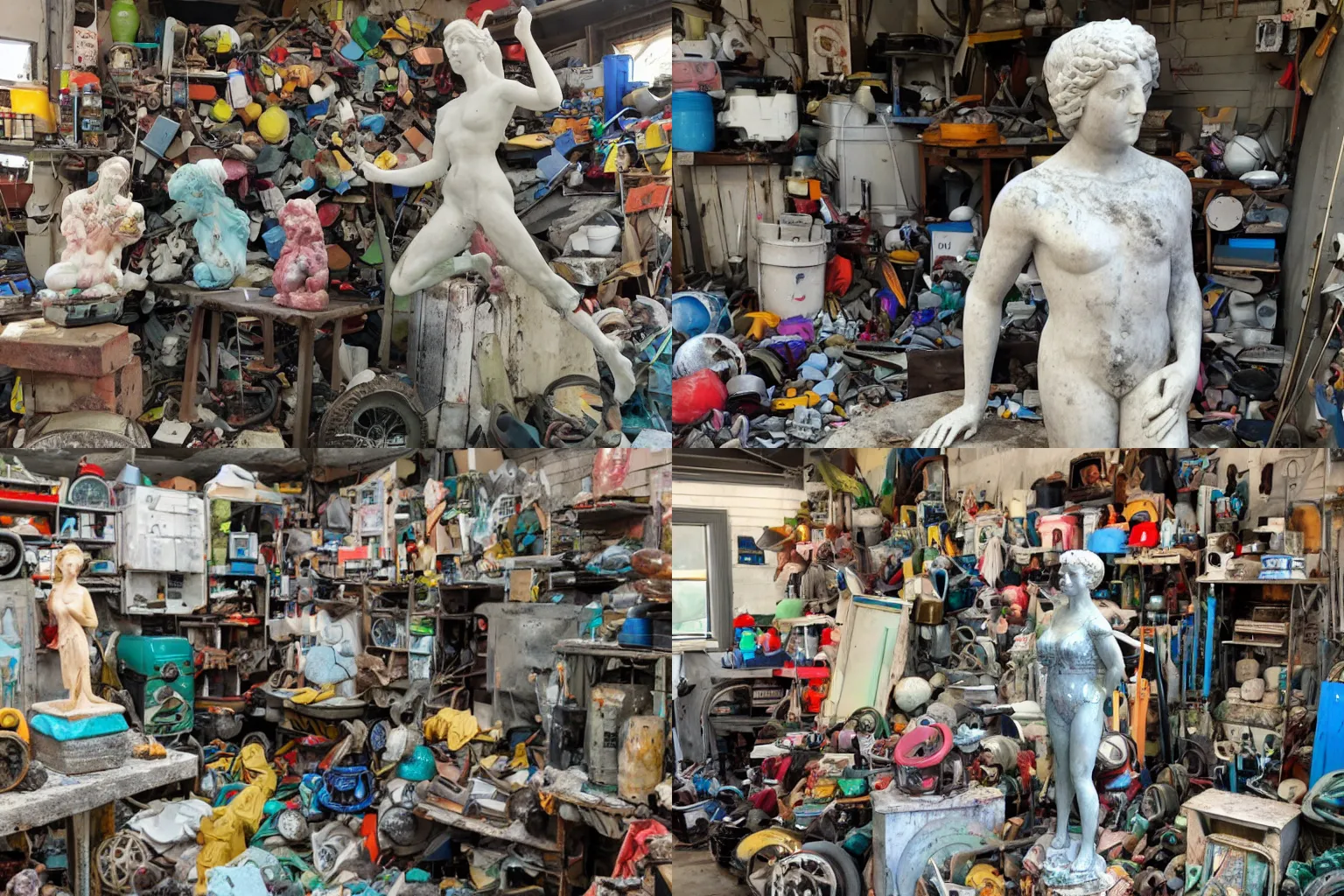 Prompt: a colorful marble statue in a garage full of junk