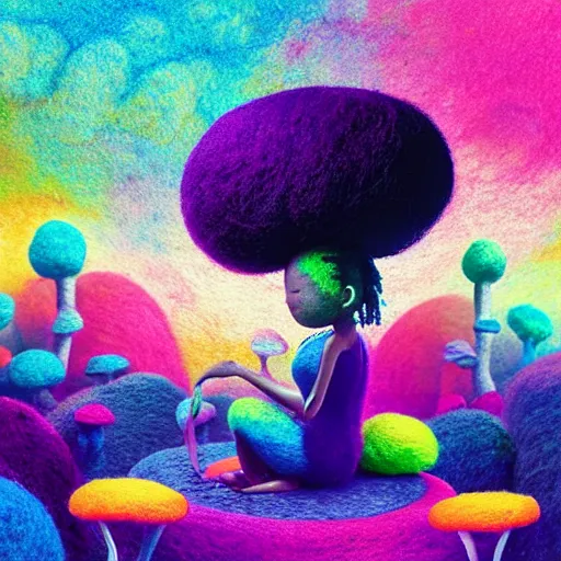 Prompt: a black girl with colorful dreadlocks and big beautiful eyes meditating in a rainbow magic mushroom zen garden, bokeh, bright colors, synthwave, watercolor, volumetric wool felting, felt, macro photography, children illustration, by goro fujita