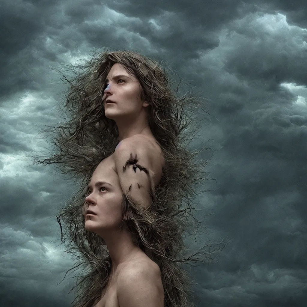 Image similar to head and shoulders cinematic portrait of a forest witch against a stormy sky,, artgerm, gregory crewdson, hyperreal